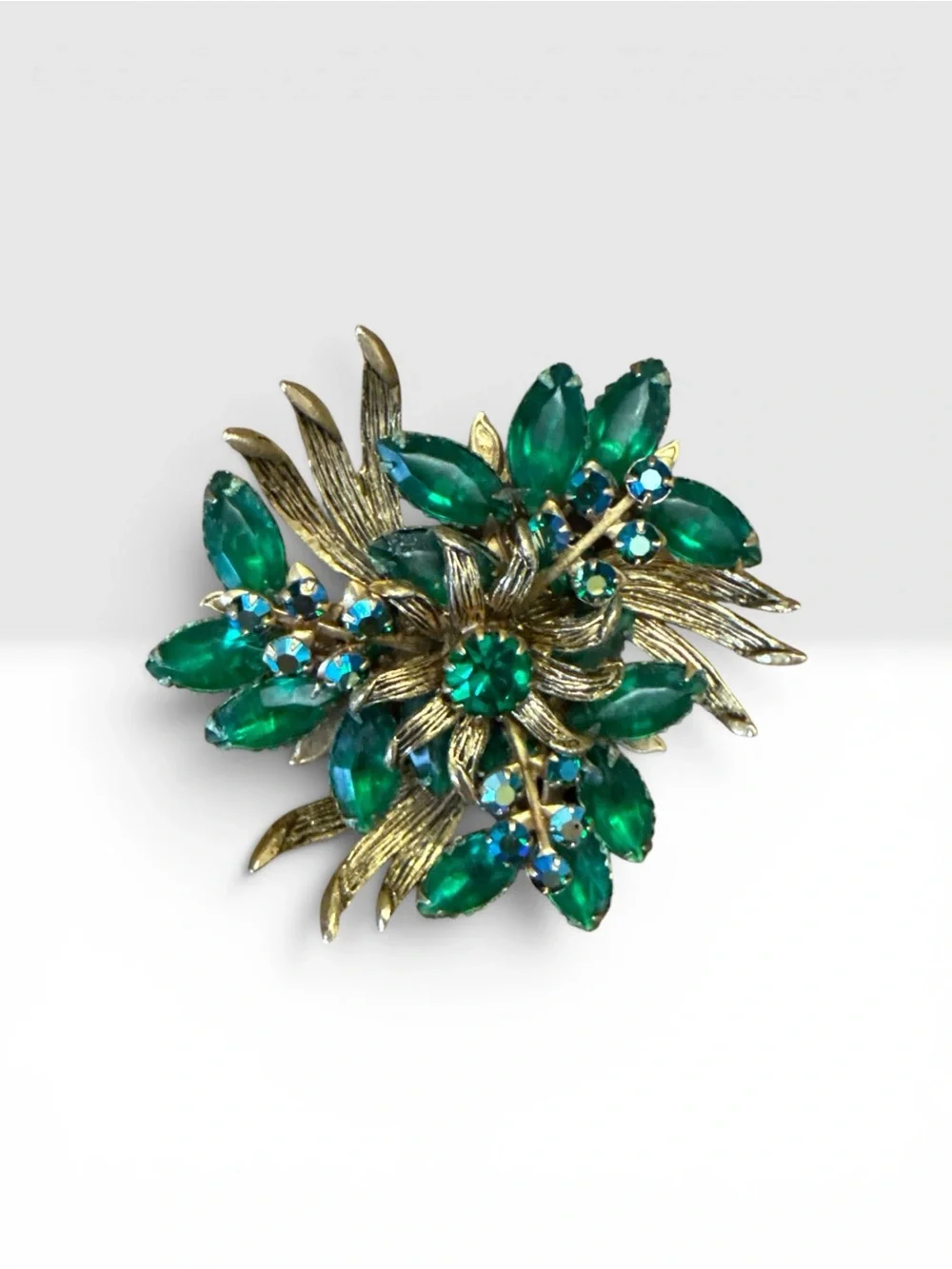 Vintage Emerald Green Rhinestone Floral Brooch Gold Tone Aurora Borealis Stateme
